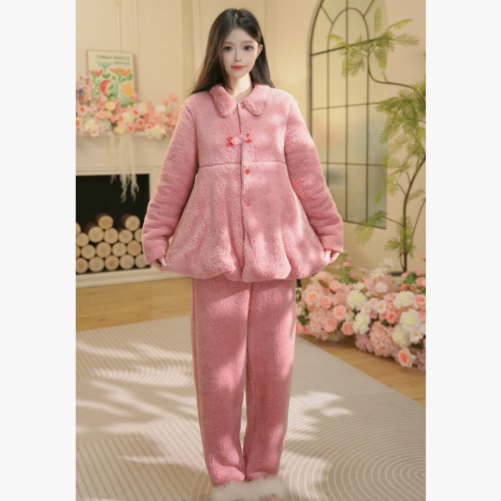 H秋冬新款长袖加绒厚款家居服高颜值柔软睡衣套装