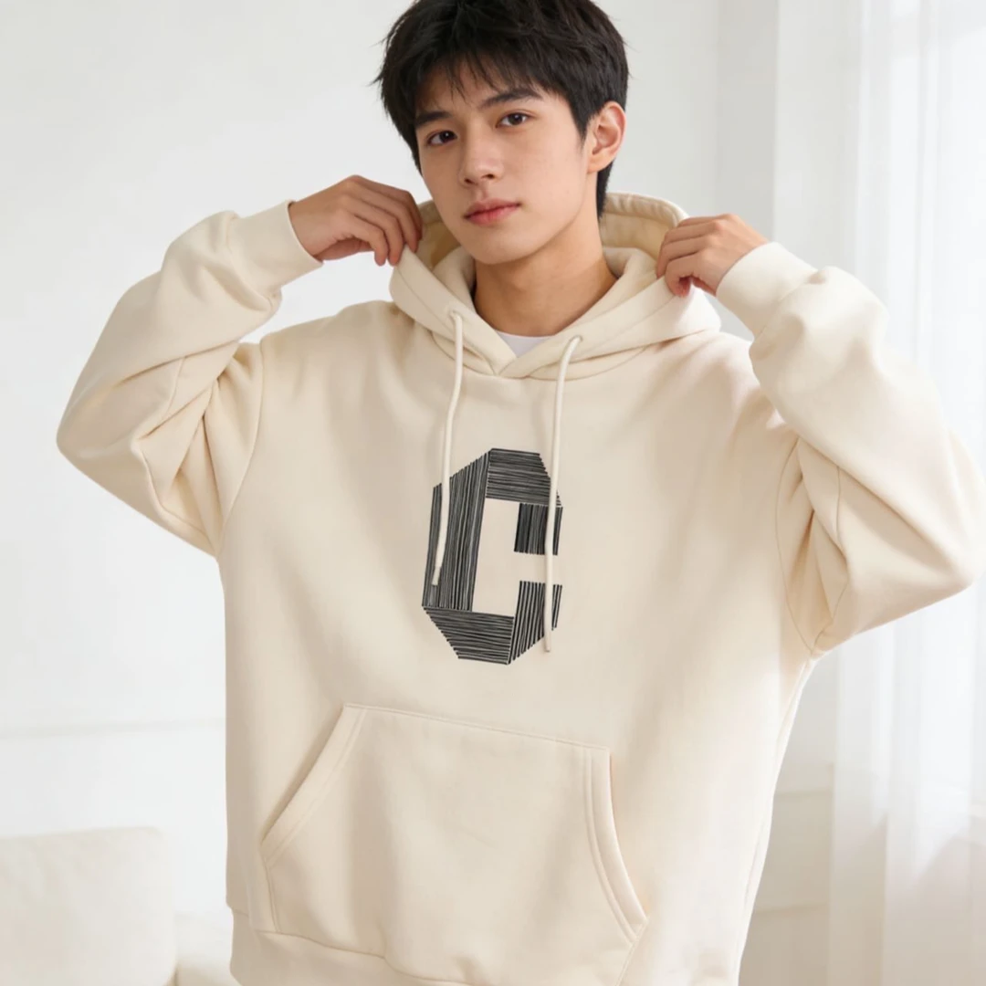 9633399高端专享秋冬款青少年加绒连帽卫衣米色（靠谱）