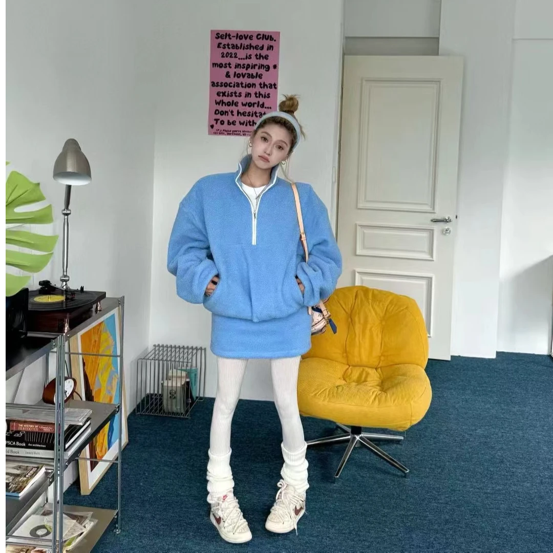 【宠儿财神韩版羊羔绒拉链卫衣+羊羔绒半裙】套装