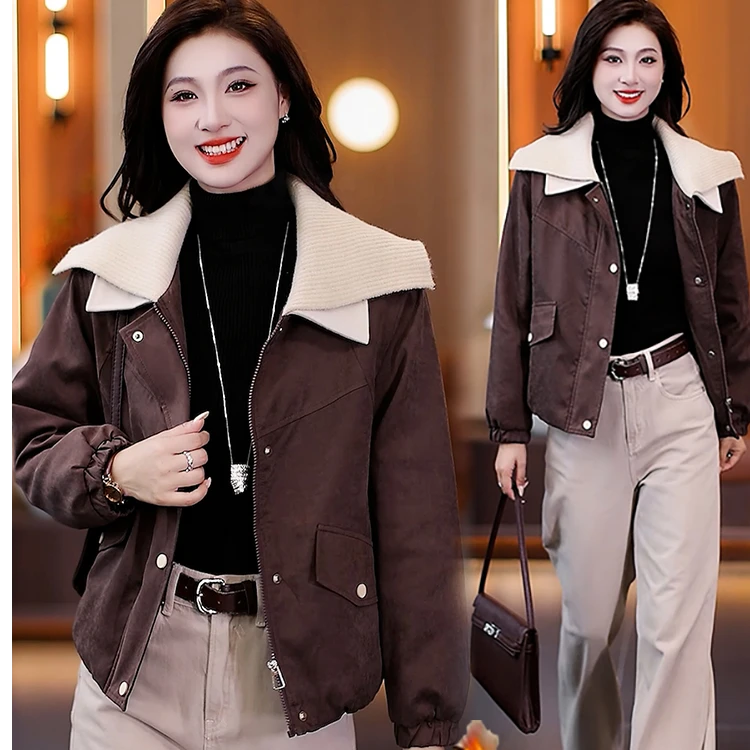 轻奢小众短外套2025冬季新款宽松显瘦翻领拼接夹棉保暖夹克上衣潮