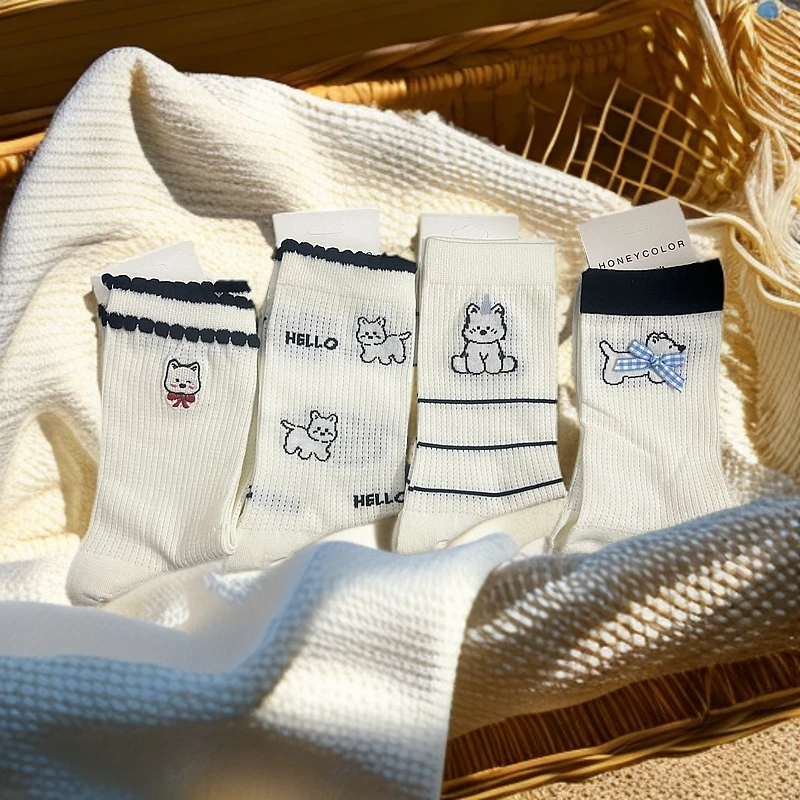 薄款提花中筒袜中筒夏季少女风常规学院风刺绣简约风到手5双袜子