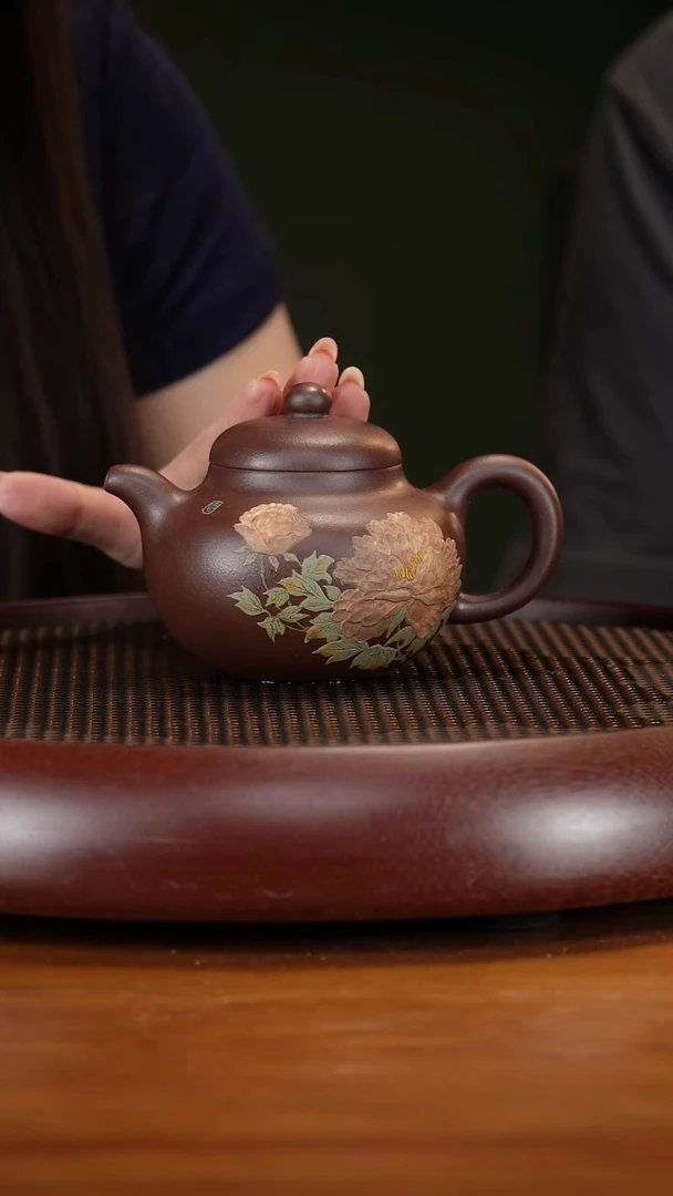 茶壶紫砂13ZKM泥绘柿圆 老紫泥300cc