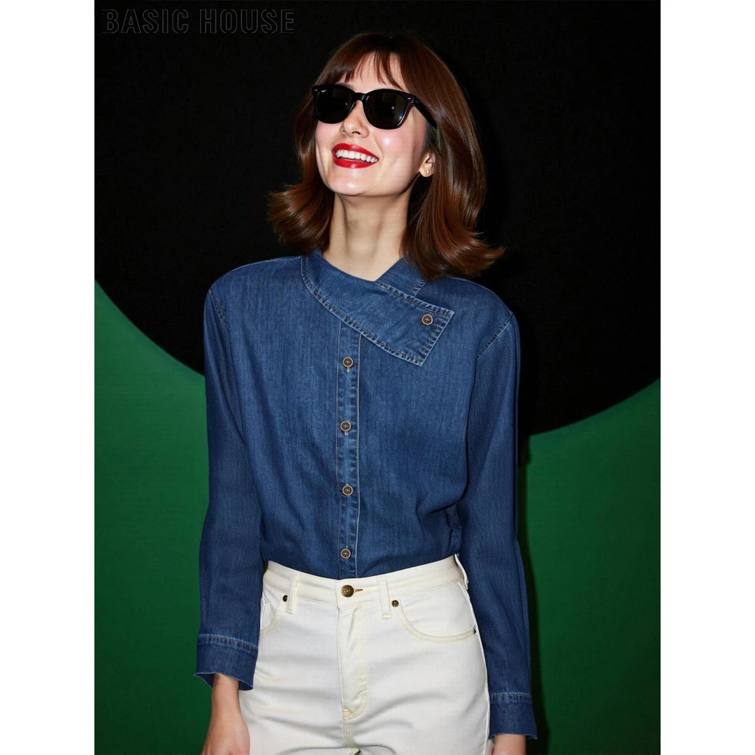 Basic House/百家好复古交叉领长袖牛仔衬衫女2026秋季设计感外套