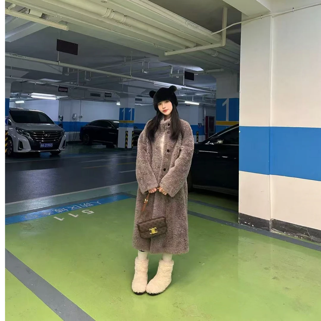 【现货直发】100%羊毛立领长款大衣女羊羔毛外套冬日保暖密码