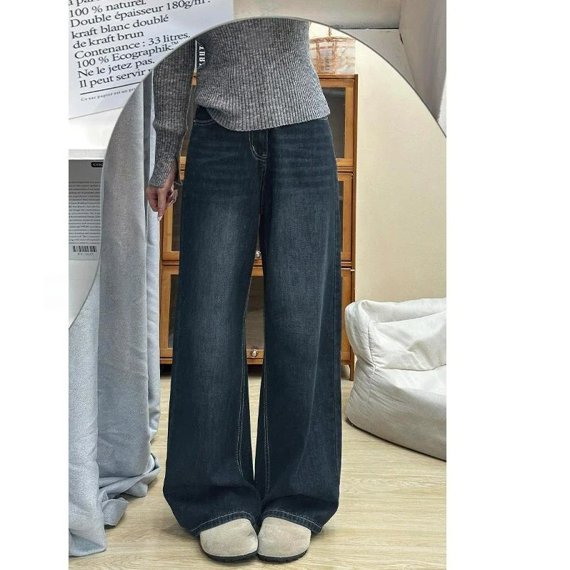 胖mm大码加绒裤子牛仔裤女秋冬年新款胖宽松高腰显瘦直筒阔腿裤女