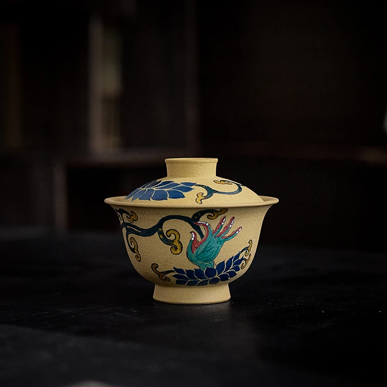 简趣茶器 手作紫砂黄段泥粗陶盖碗佛手莲花茶碗复古陶瓷功夫茶具