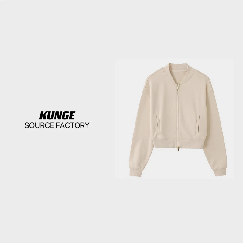 KUNGE-杏色字母徽标双拉链短款卫衣外套-8683