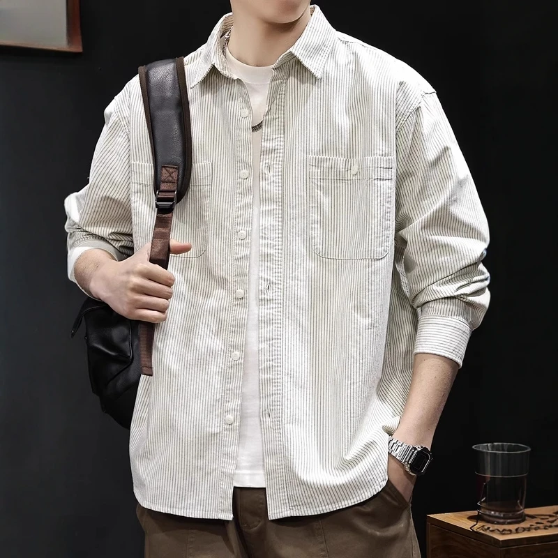 条纹美式衬衫男长袖秋季2025新款休闲衣服潮流百搭高级感大码春秋