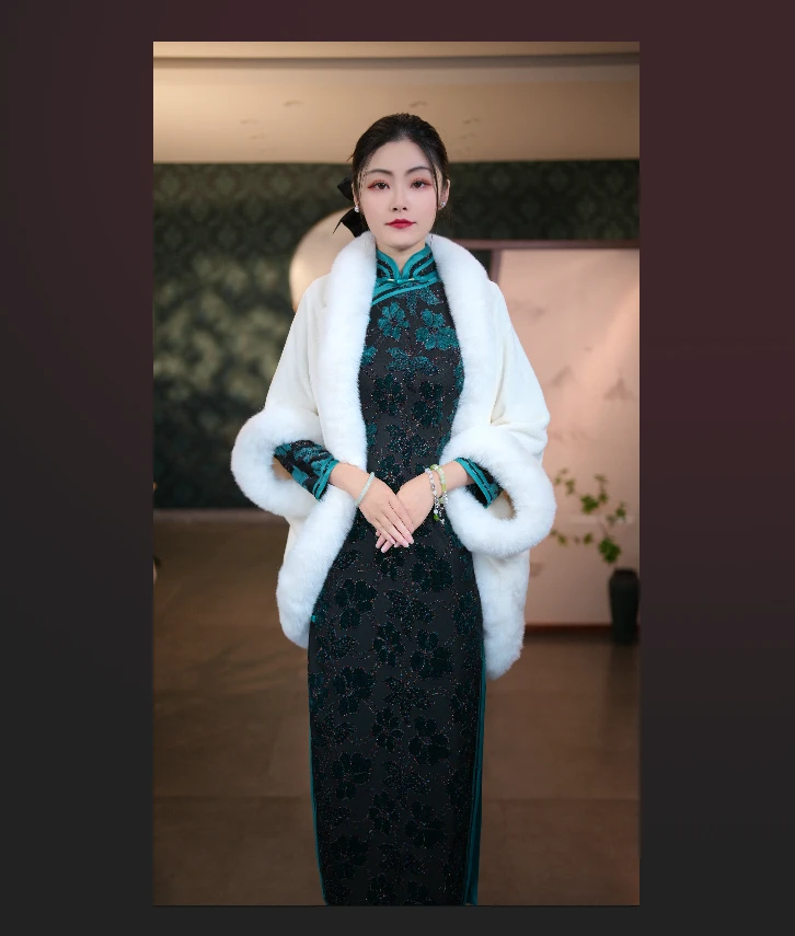 纯色黑白款中国风保暖披肩厚款复古港风防风冬季