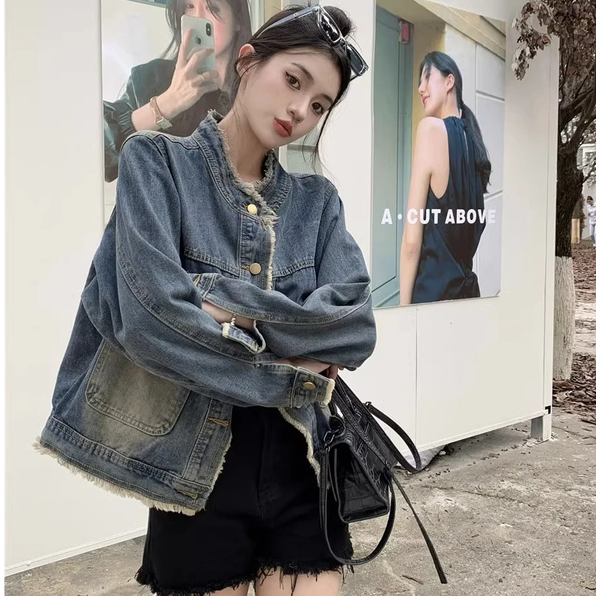 复古毛边牛仔外套女春秋款小个子宽松显瘦气质上衣立领新款夹克