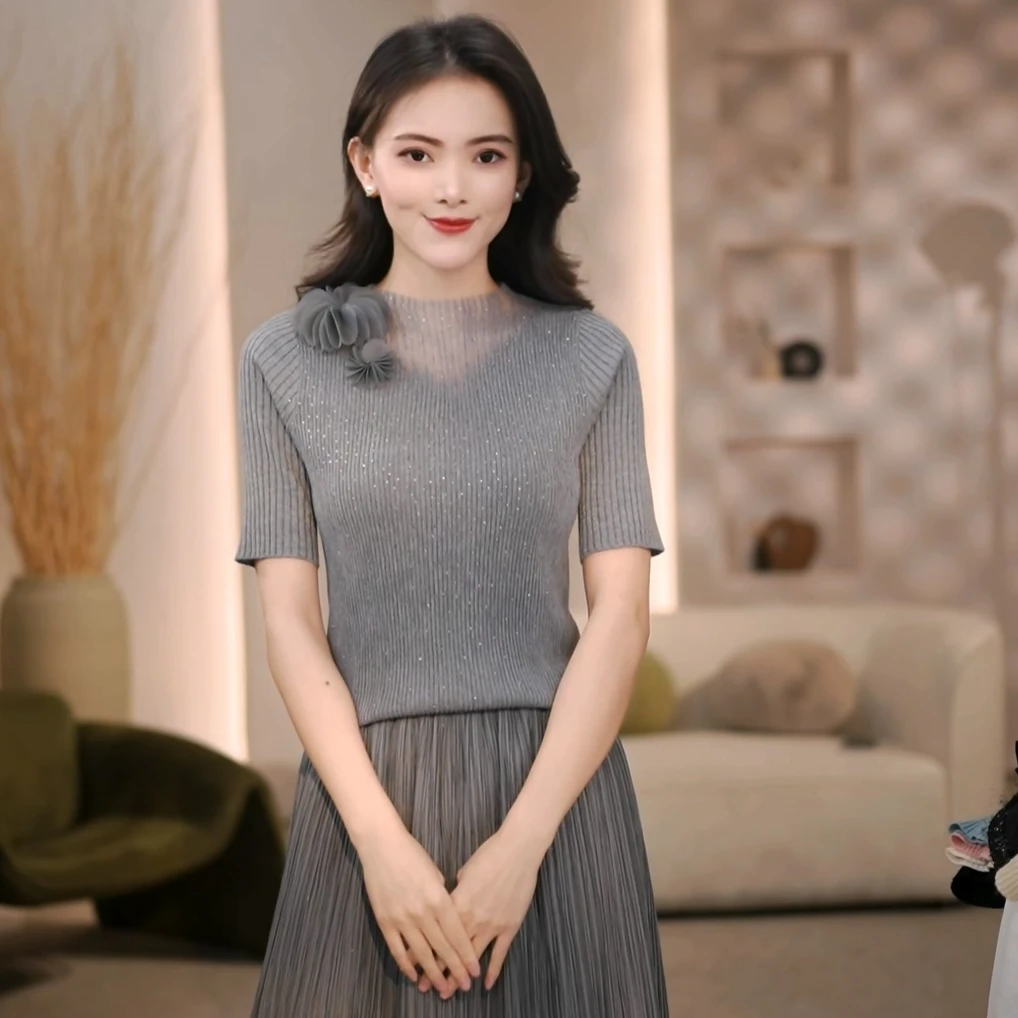 半高领2025春夏新款精致女人闪闪钻短袖花朵套头微透半袖针织毛衫