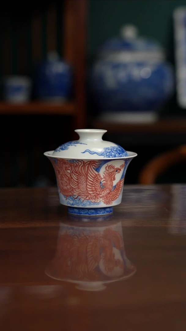 自成堂柴窑 青花釉里红 龙凤