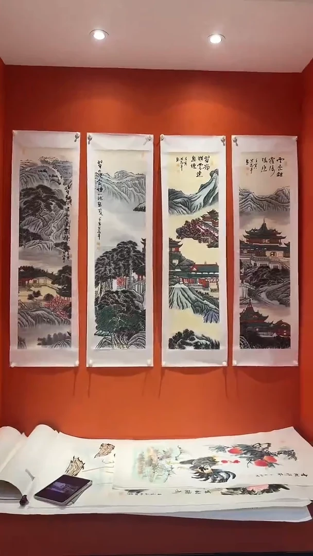书法易志平 国画 亭台楼阁四条屏一套