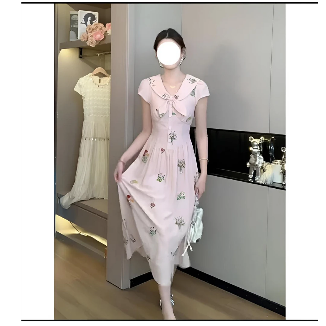 夏季长款短袖绣花法式气质显瘦连衣裙裙子