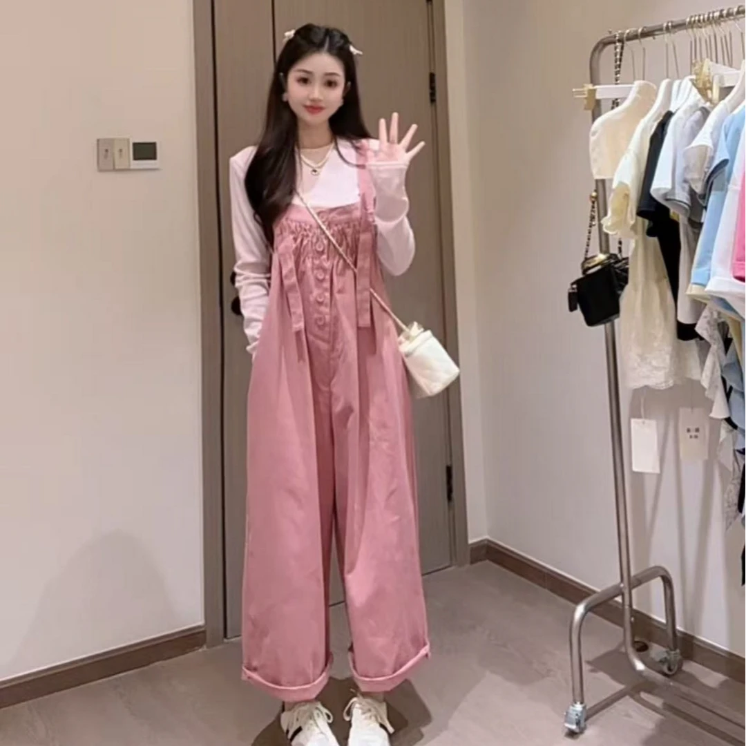 1101-浅粉色垫肩款长袖T+粉色背带裤两件套