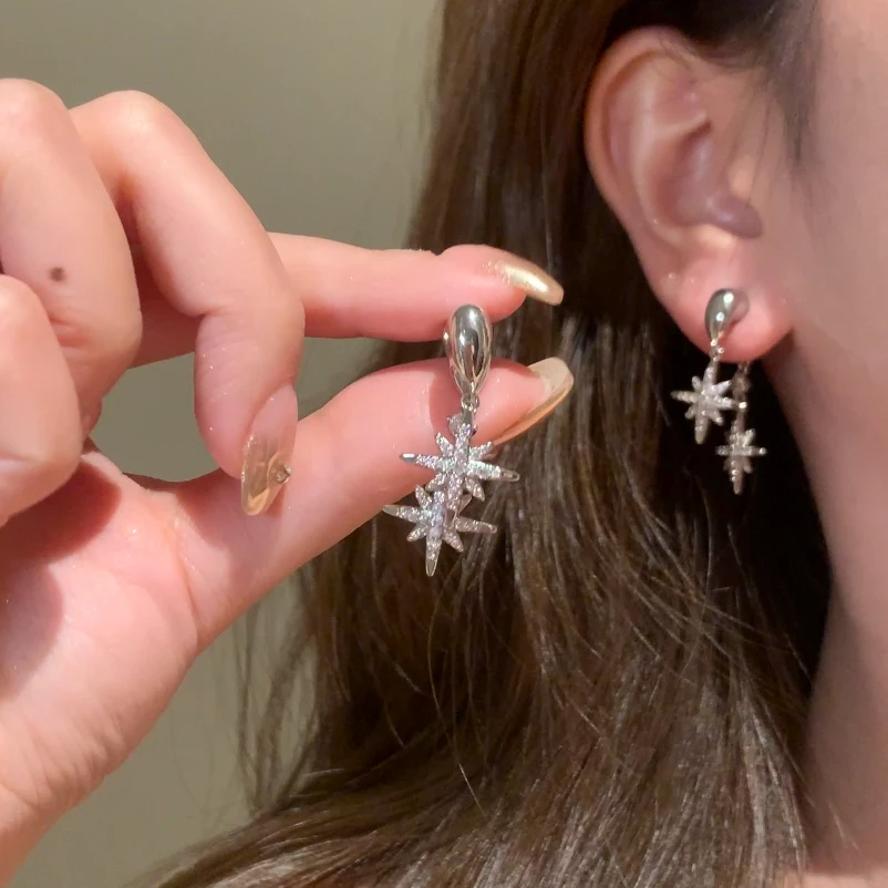 铜合金锆石耳饰 秋冬轻奢闪锆八芒星耳环女气质一款两戴耳针耳饰