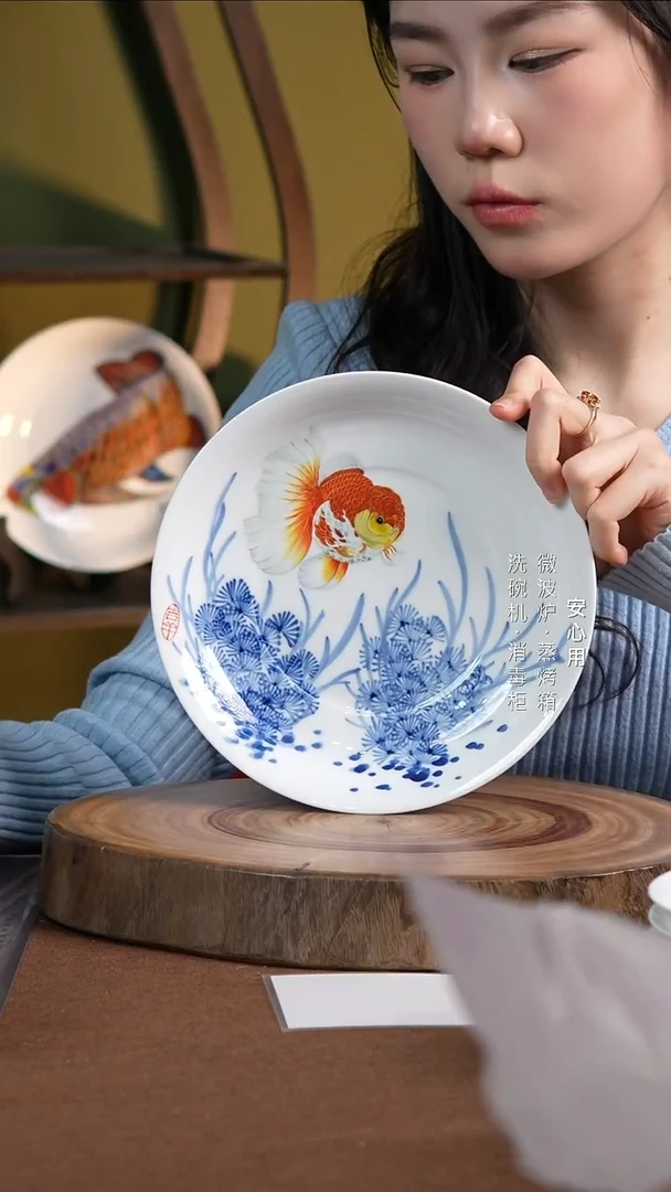 瓷景德镇高温手绘釉下彩8英寸官窑窝盘水草兰寿