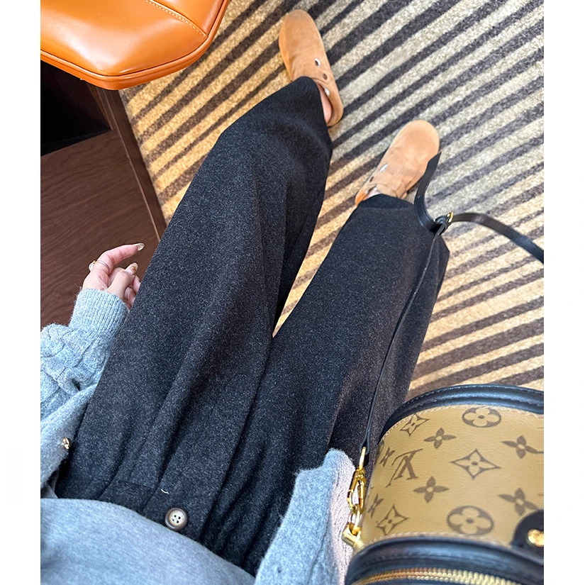 加厚阔腿毛呢裤女秋冬款梨形身材宽松高腰显瘦九分裤