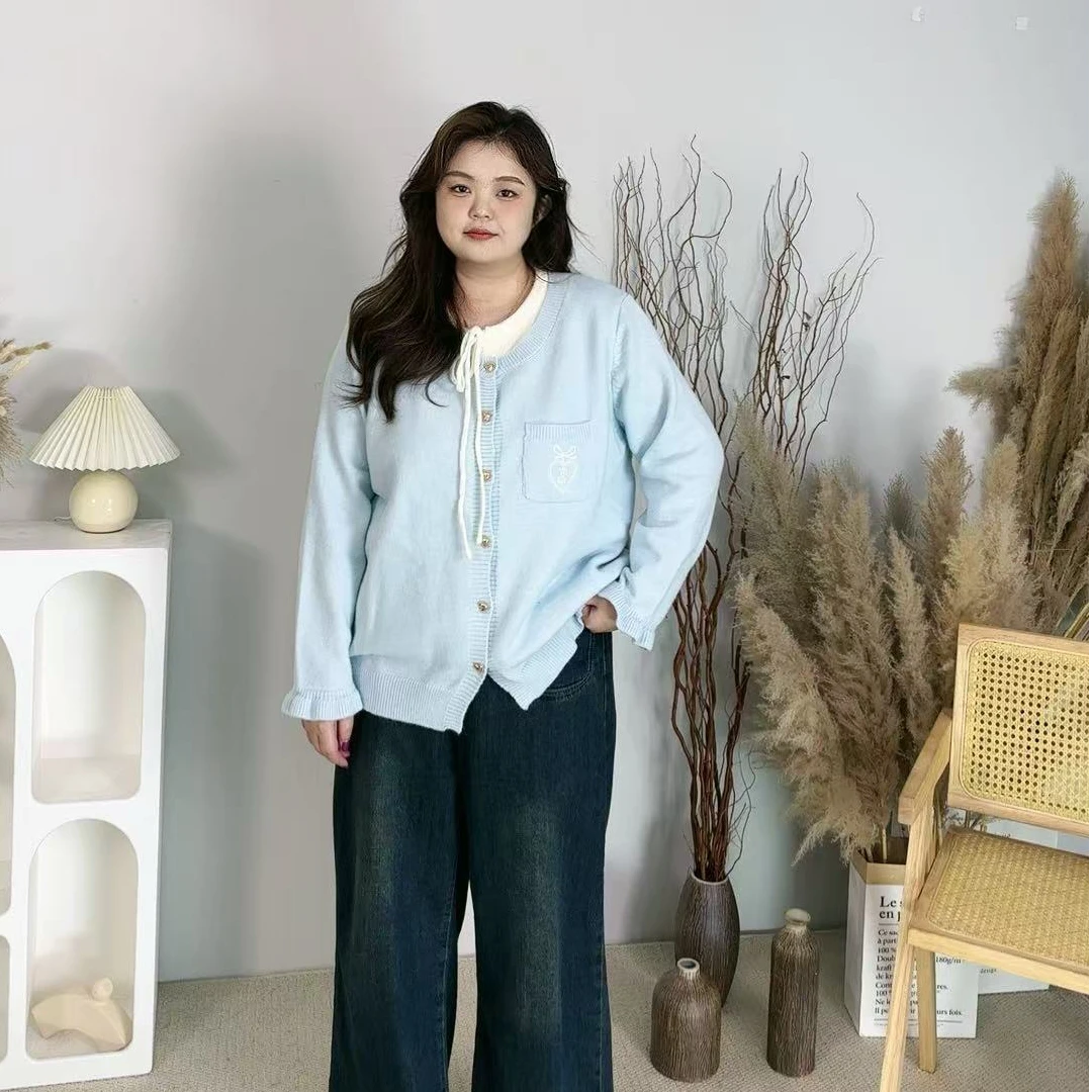 3306大码女装圆领假两件针织衫女新款蝴蝶结宽松复古开衫外套上衣