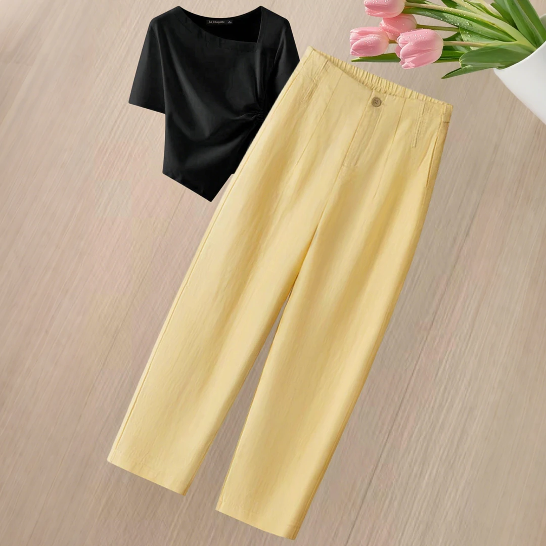 天丝亚麻休闲女2025夏季薄款大码高腰宽松百搭高腰显瘦九分哈伦裤