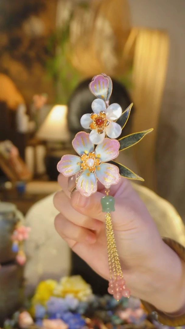 木非遗绒花新款粉色边夹