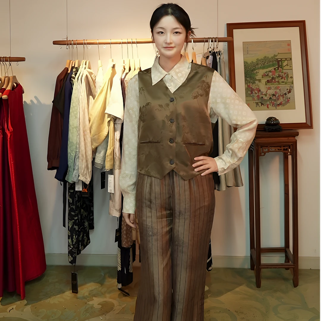 中国丝绸 百百桑蚕丝桑波缎拼斜纹绸木槿花条纹文艺范马夹H952004