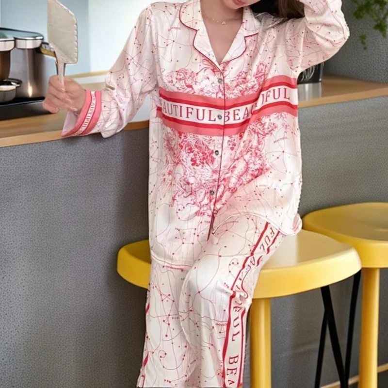 春秋款【D家泼画】冰雪丝长袖长裤时尚休闲大牌风睡衣家居服两件套