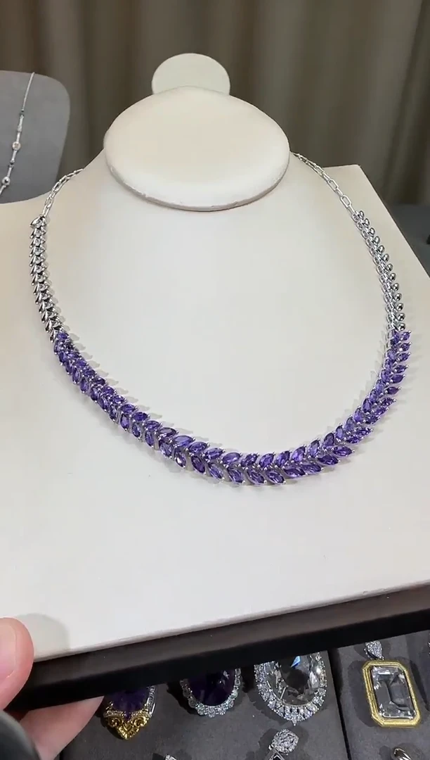 颈饰银S925镶嵌紫晶3*6mm麦穗套链高级款