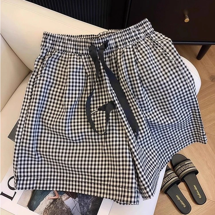 格子夏季通勤无弹力松紧腰高腰裤子显瘦短裤女款短裤女款夏天外穿