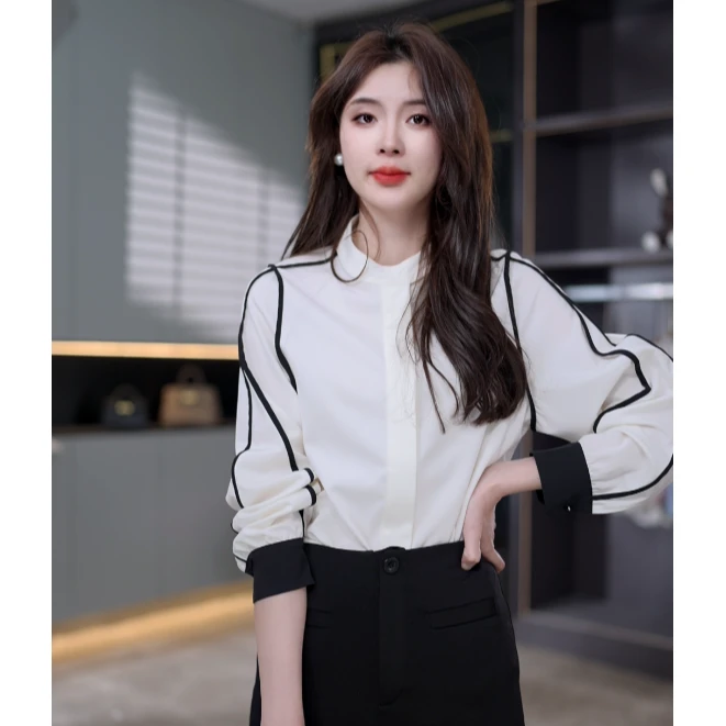CYM1470白色特色立领撞色小众衬衫女