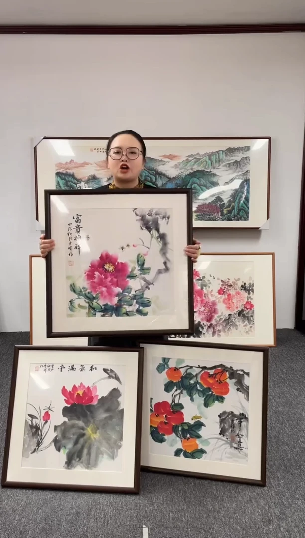 【闪购商品】国画牡丹，荷花，柿子三选二60*60一对作品