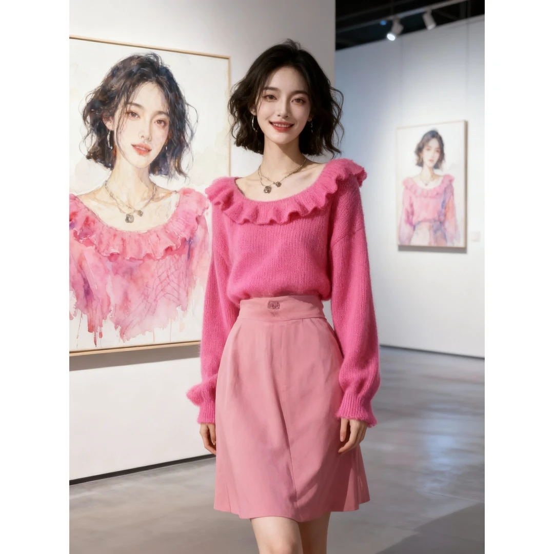 秋冬新款大美女即视线u型领正肩版型荷叶宽松减龄毛衣