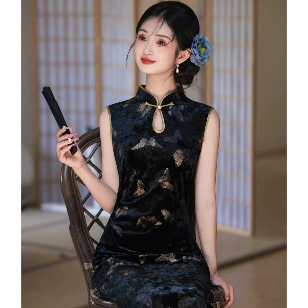 【金蝶】衣长115黑色烫金丝绒新款国风气质日常旗袍立领显瘦修身