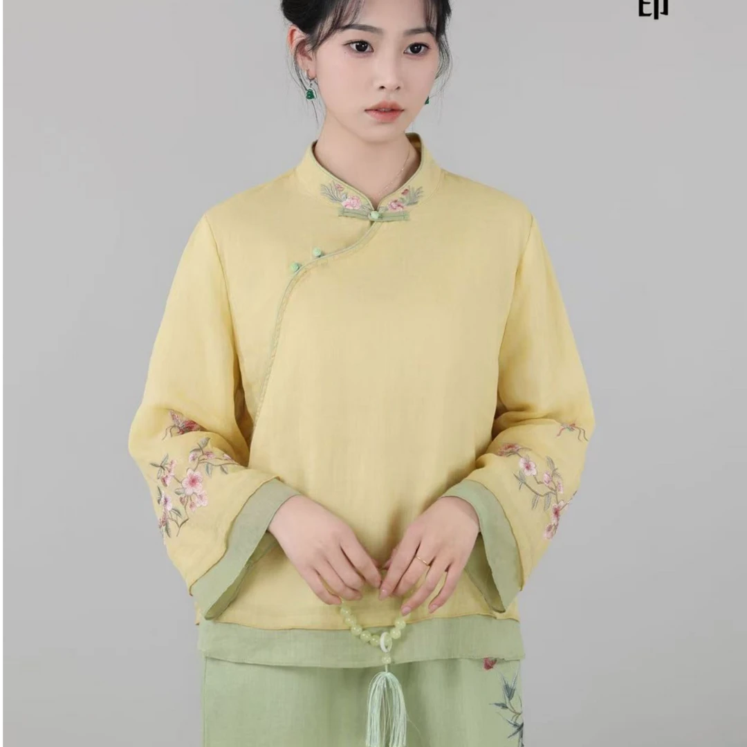 2025年新春款立领斜襟拼色桃花朵朵开双层苎麻小衫