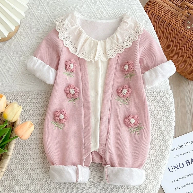 婴儿女宝春秋春装粉色小花洋气连体衣满月百天宝宝外出服