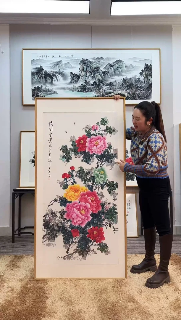 国画手绘牡丹162*82尺寸