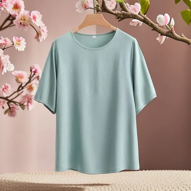 纯色棉绸短袖T恤女夏季薄款中老年人造棉妈妈宽松外穿家居服上衣