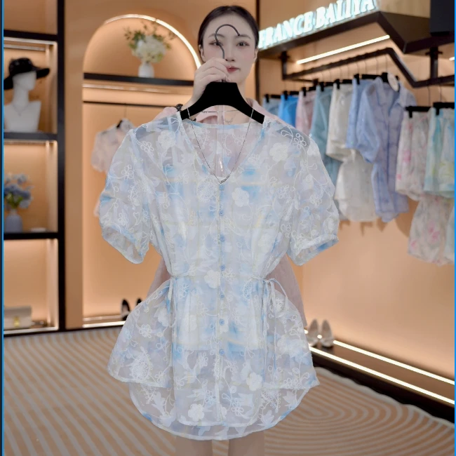 “梦蝶”法式春夏慵懒感中长款宽松休闲衬衫套装 Y631