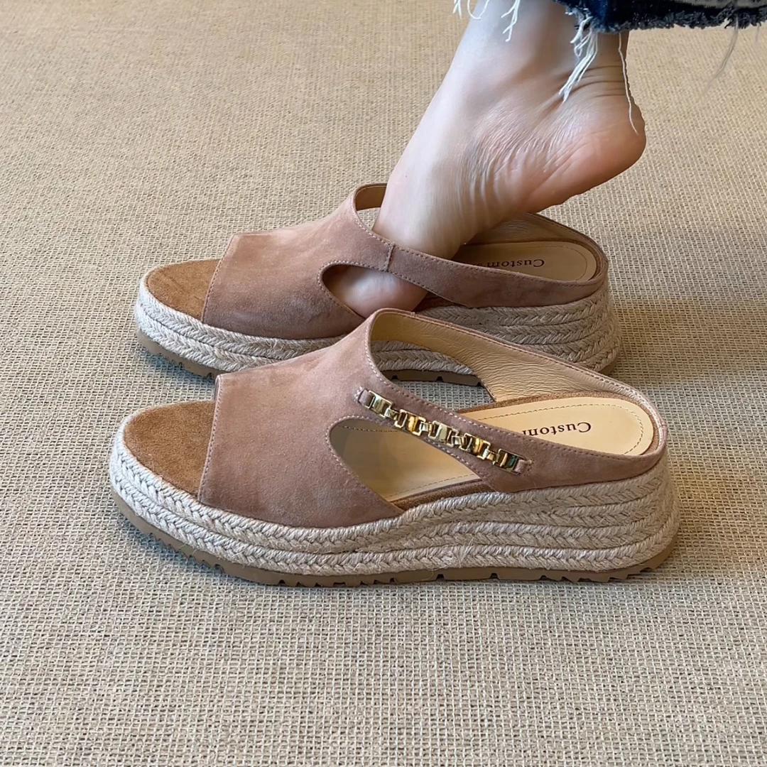 RubyL/5cm夏季新款简约休闲风舒适百搭草编坡跟露趾凉拖鞋女款