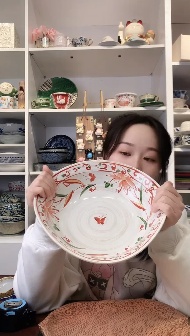 陶瓷bloom手绘赤绘花蝶三足大钵24.5cm