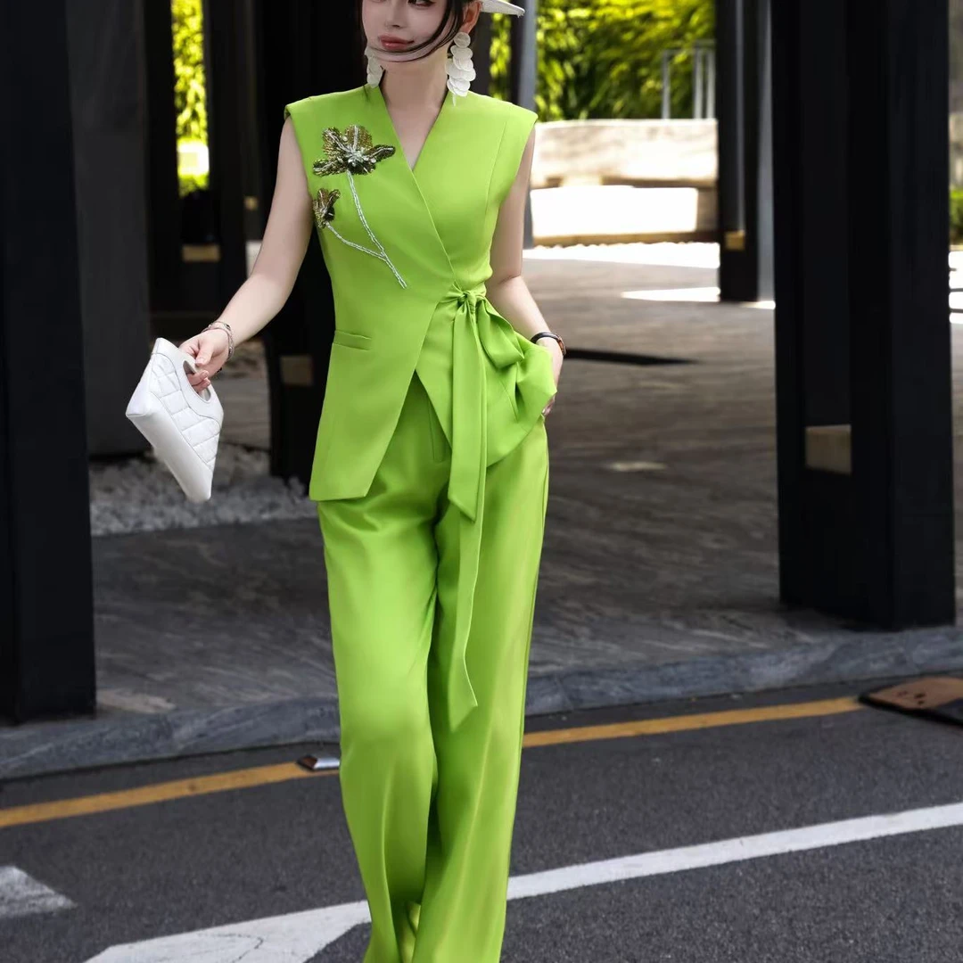 轻熟风时尚套装静奢风通勤极简风休闲风短袖显瘦气质洋气绿色夏季