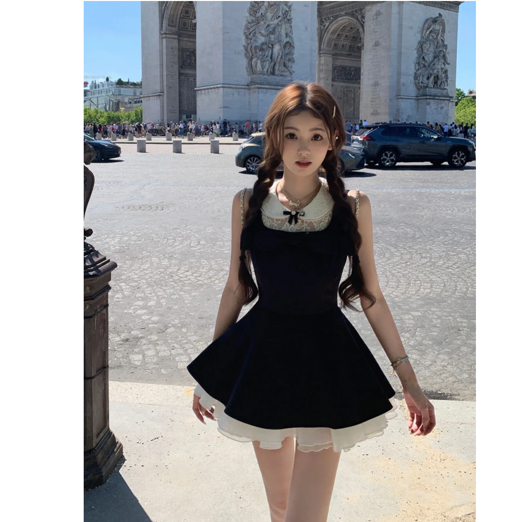 女校风波 高级光泽细腻假两件连衣裙撞色蕾丝领蝴蝶结高腰伞裙女