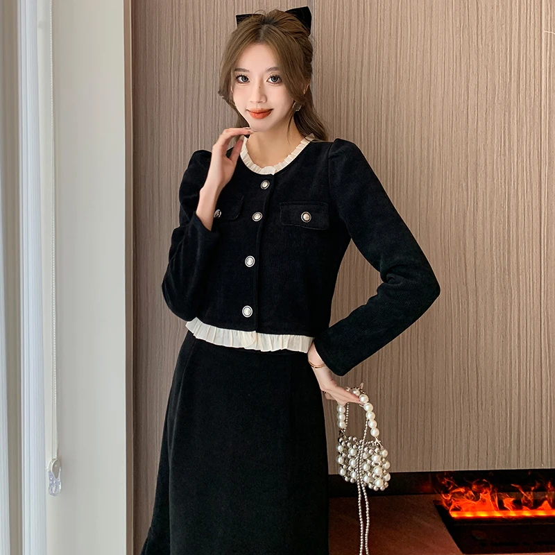 春季小个子法式中长款赫本风套装修身显瘦鱼尾裙气质长袖上衣