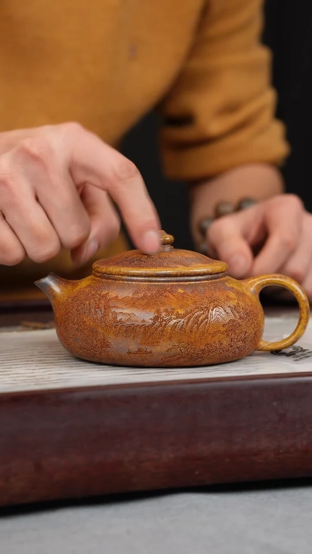 【闪购商品】紫砂茶壶龙骨金砂 寒江 山水