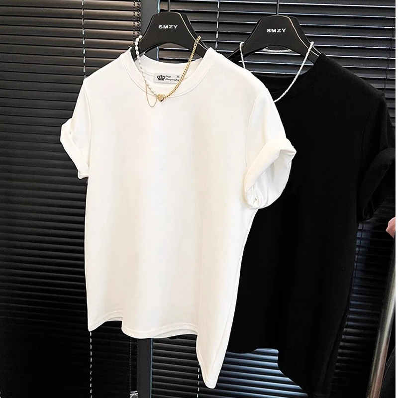 白色上衣2025新款春夏季韩版简约休闲宽松圆领正肩ins欧美上衣