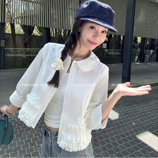 miu系珍妮奶乖~皱褶木耳边娃娃领衬衫女夏季短款七分袖白色上衣