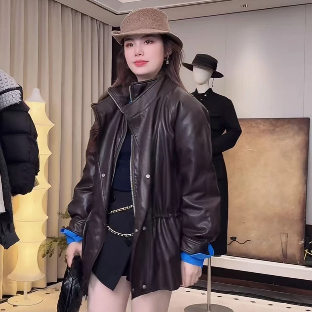 【XSY】冉yan-复古高级感收腰立领超柔PU皮休闲宽松短款皮衣羽绒服