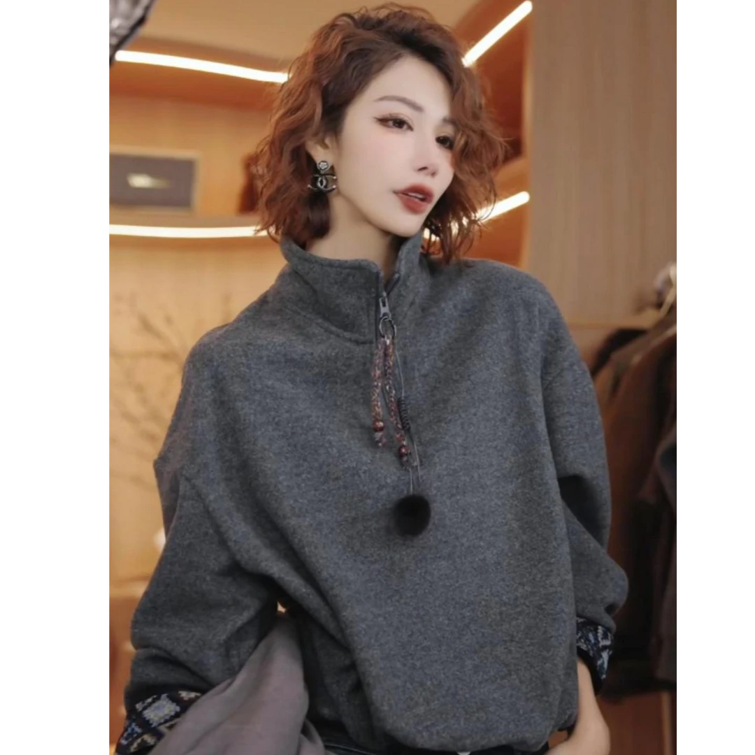 七奈 「月夕」韩系百搭慵懒风半拉链上衣QN13234