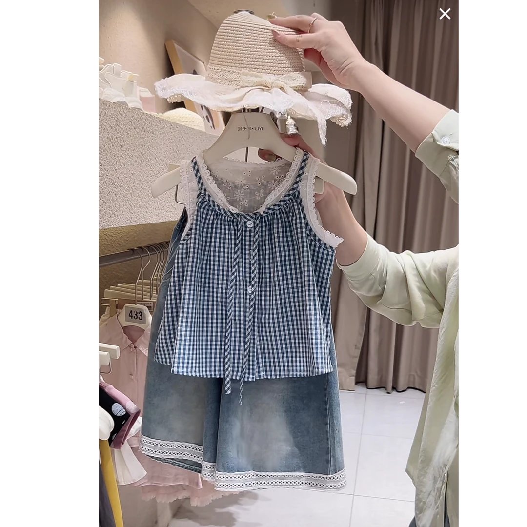 圆子家 童装2025春夏新款女童小童花边背心牛仔阔腿裤8分裤套装