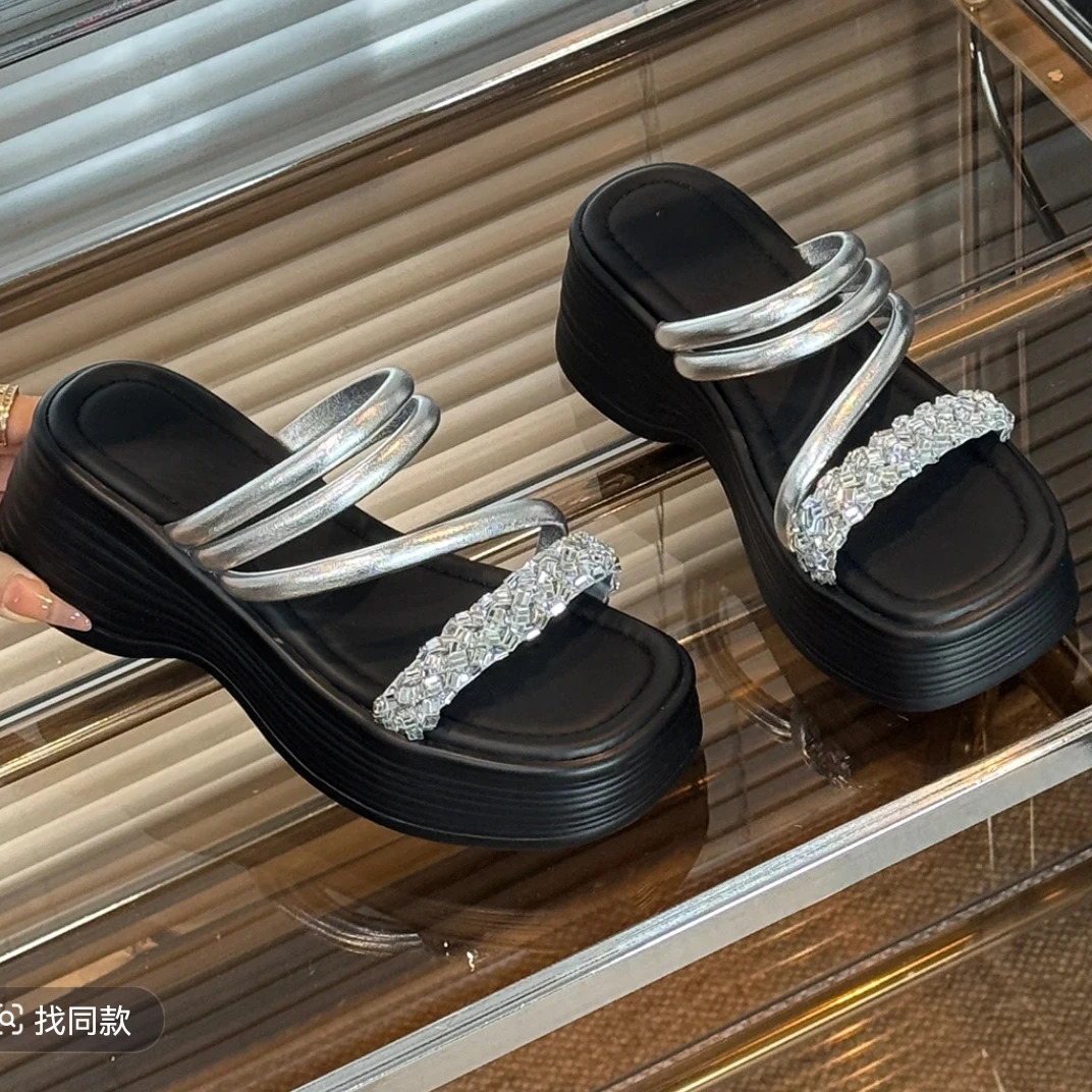 一鞋两穿带钻凉拖鞋女2025夏季厚底增高拖鞋休闲外穿凉拖鞋女